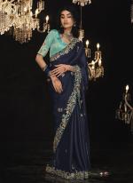 Tissue Silk Neavy Blue Party Wear Embroidery Work Saree